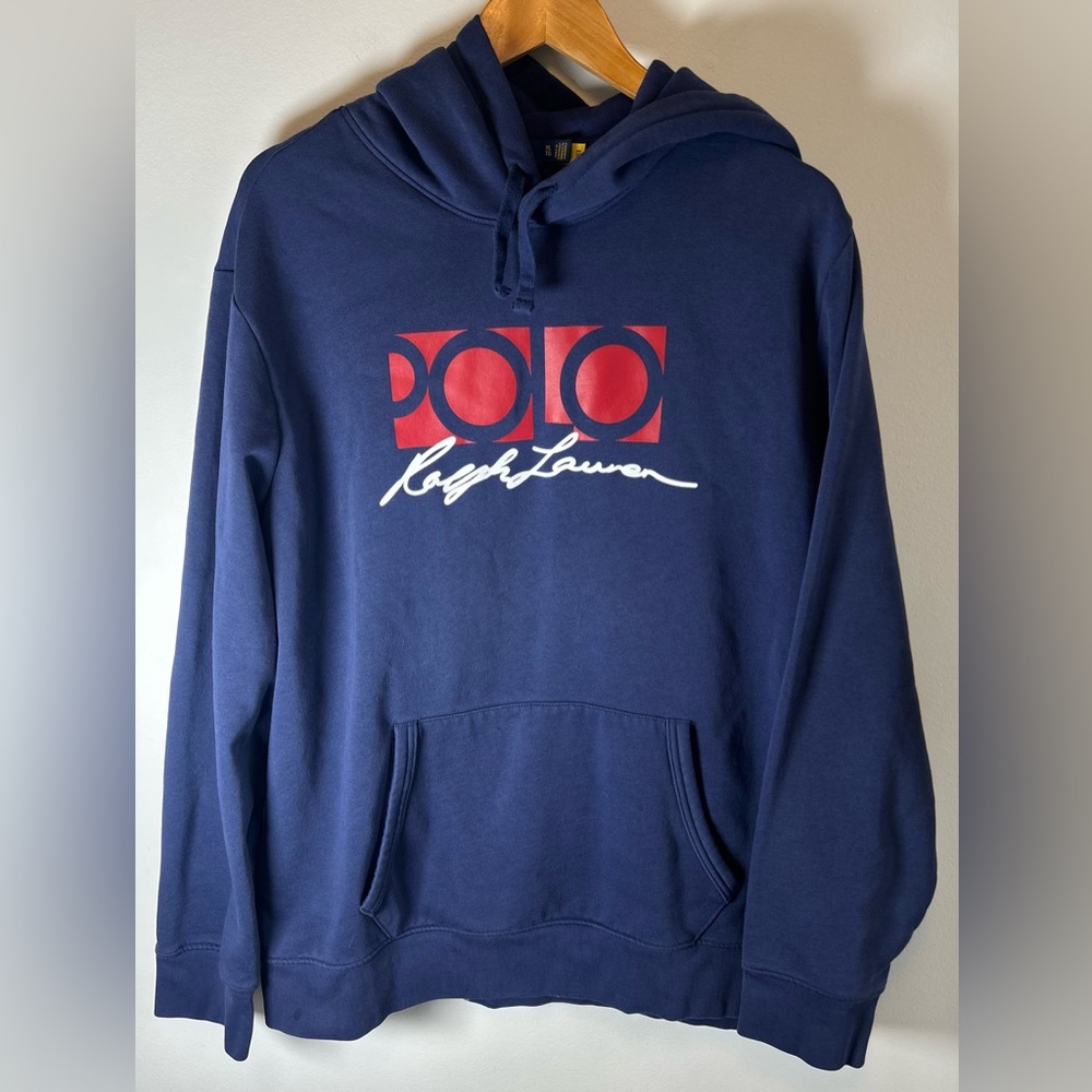 Polo Ralph Lauren Hoodie Men’s XL Navy Blue Script Long Sleeve Pullover Pocket